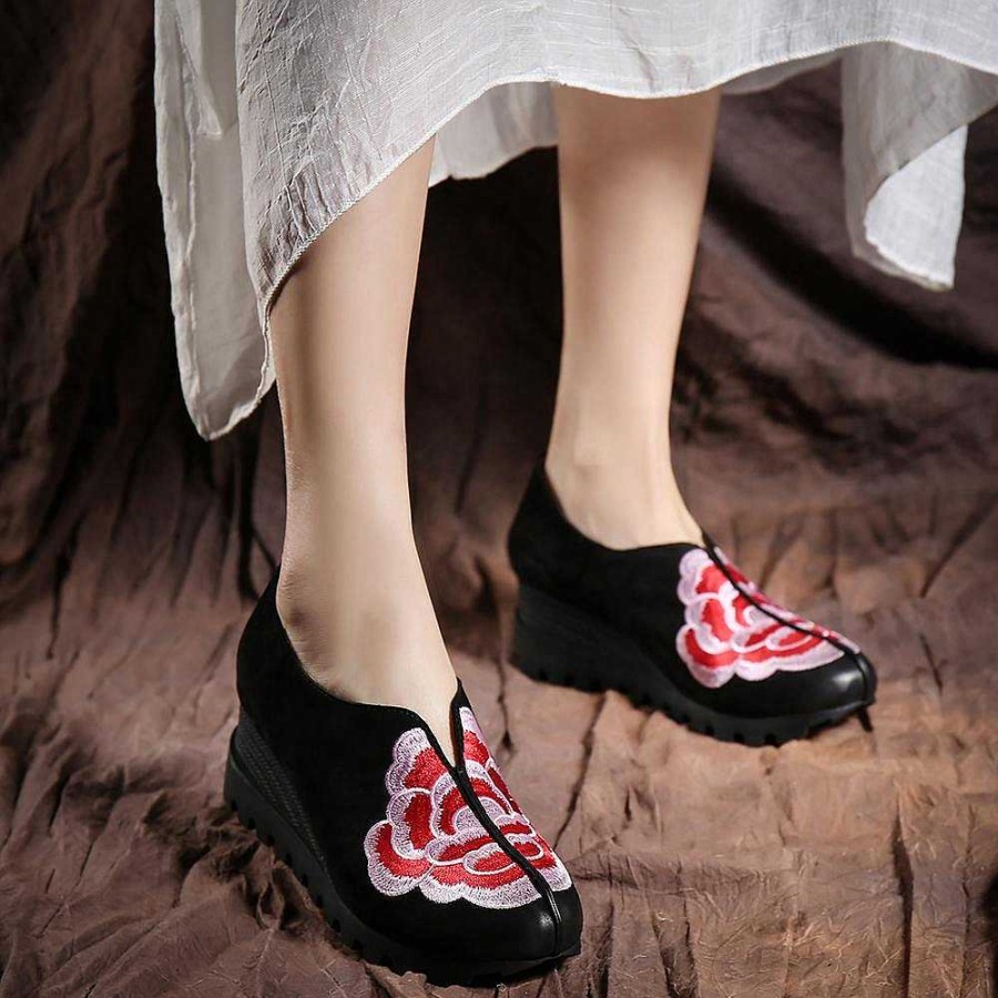 Dwarves Retro Embroidery Nubuck Leather Platform Shoes For Women Chunky Shoes Designer Shoes