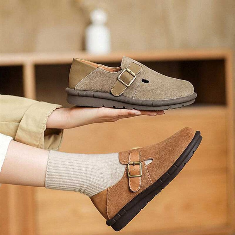 Dwarves Buckle-Fastening Soft Shoes Retro Suede Leather Loafers For Women In /