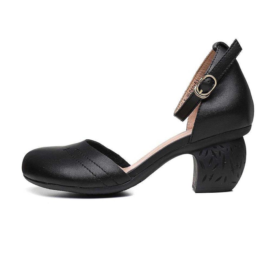 Dwarves Handmade Leather Pumps Mid Heel Mary Jane Sandals Womens Round Toe Retro Buckle Sandals /