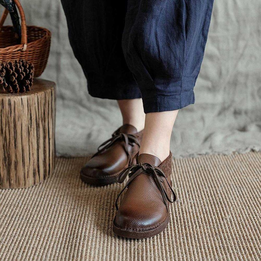 Dwarves Handmade Genuine Leather Flat Boots Lace-Up Soft Ankle Booties Mori Girl Oxfords Designer Shoes Combat Boots /Beige/Brown