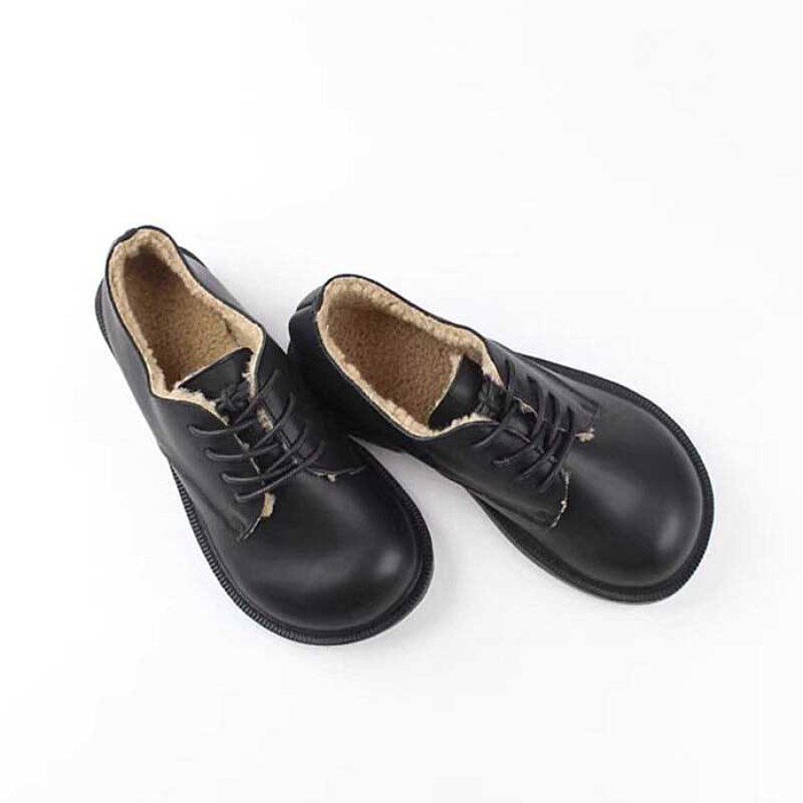 Dwarves Retro Lace Up Leather Shoes Round Toe Shearling Lined Oxford Shoes Black