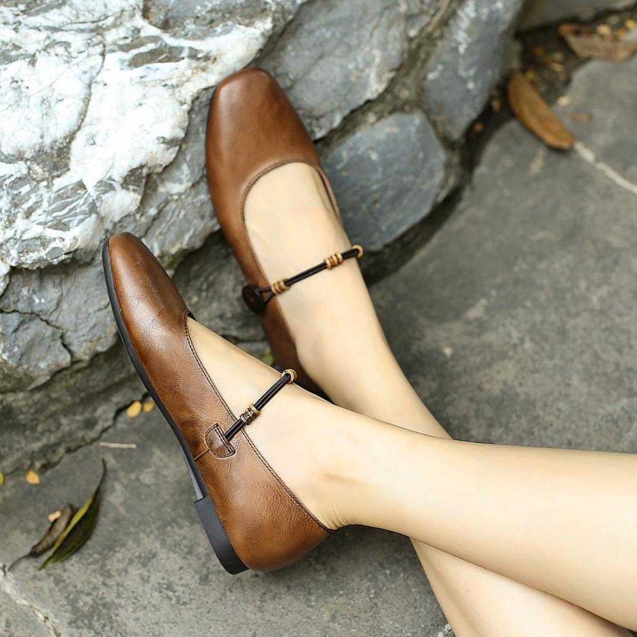 Dwarves Mary Jane Shoes For Women Handmade Soft Leather Flats Retro Round Toe Designer Shoes /