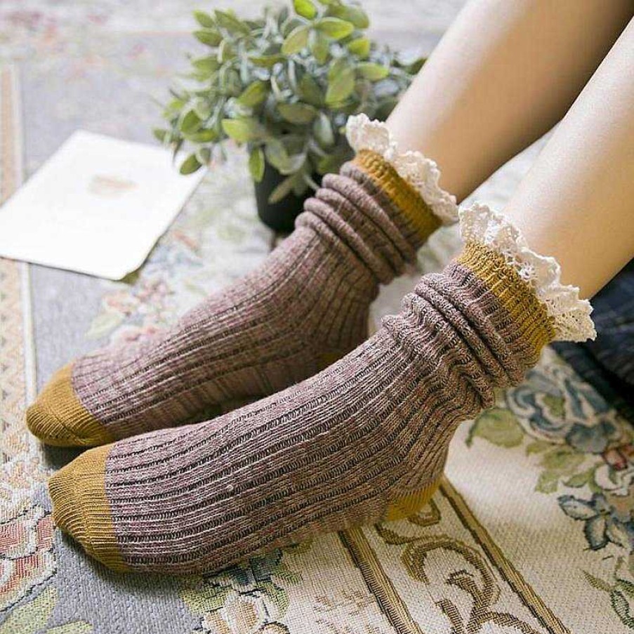 Dwarves Retro Cotton Stockings Lacy Design Mori Girl Loose Socks Calf Length For Fall/Winter 5 Colours