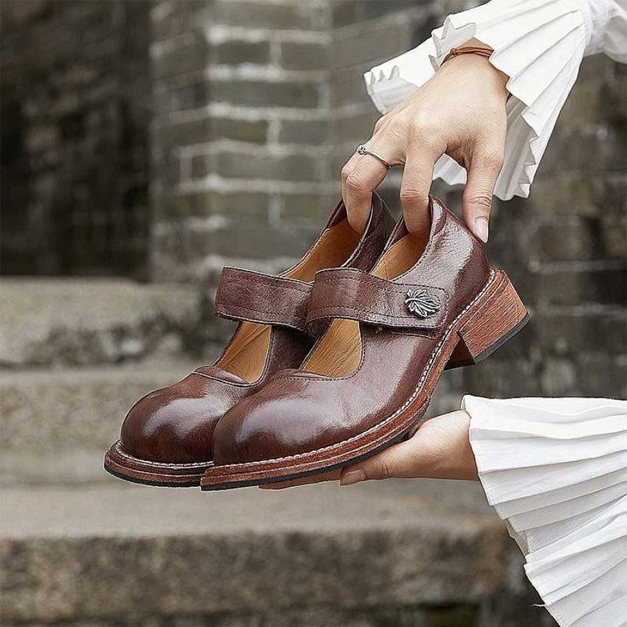 Dwarves Goodyear Horse Leather Shoes For Women Block Heel Mary Jane Leather Sole In