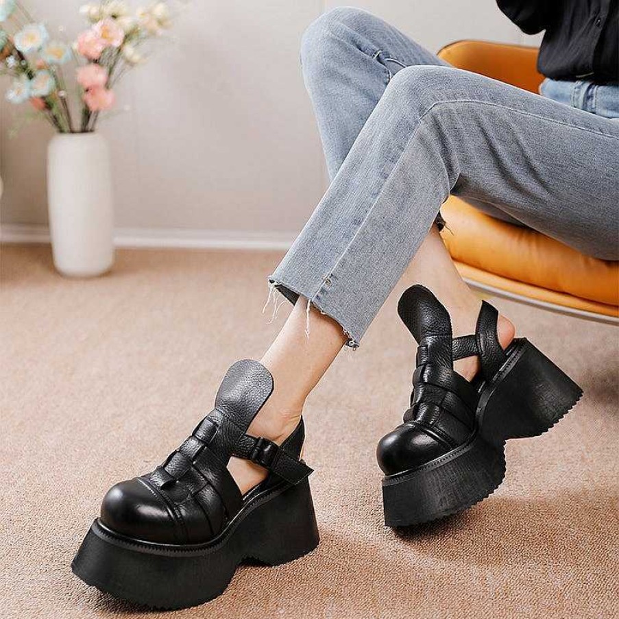 Dwarves 10Mm Platform Genuine Leather Gladiator Sandals For Women /