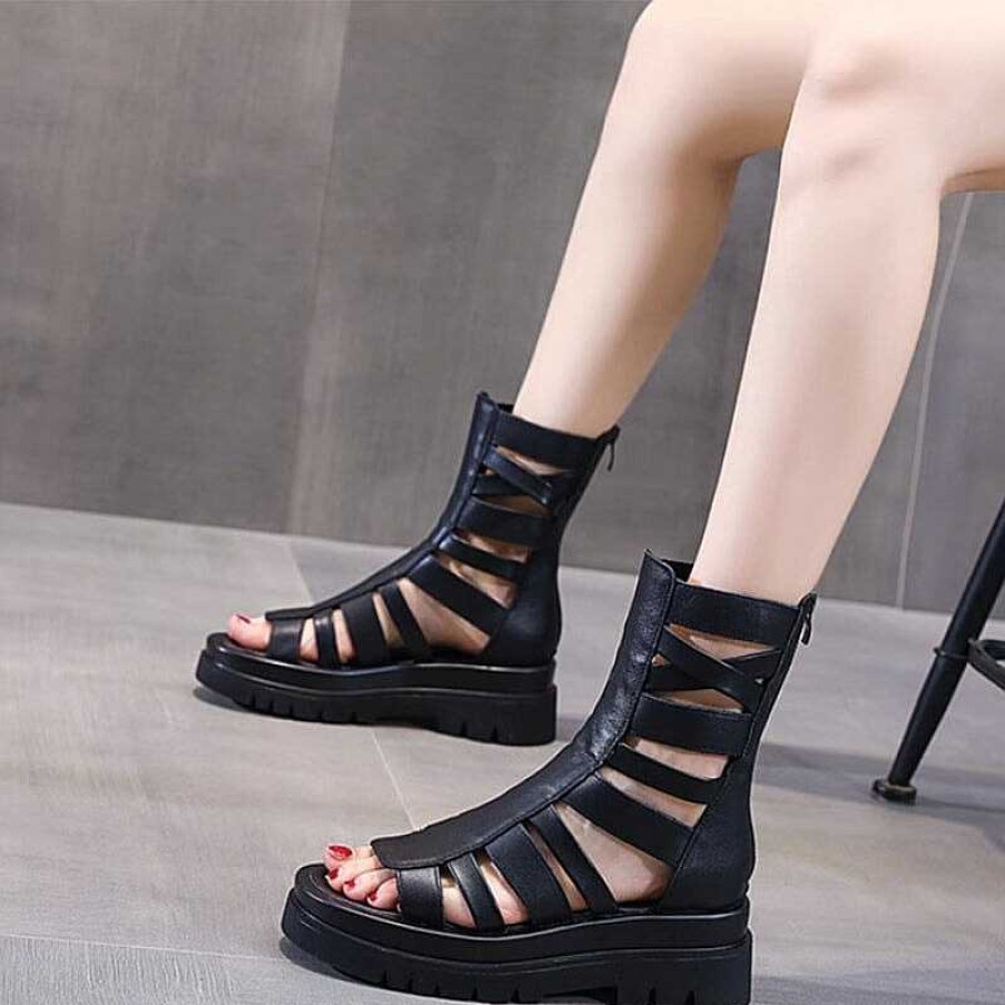 Dwarves Genuine Leather Platform Sandals Back Zip Summer Boots Open Toe In