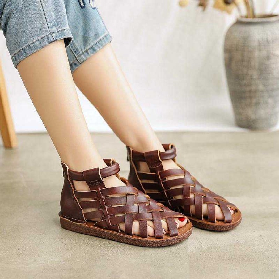 Dwarves Handmade Leather Gladiator Sandals Retro Woven Open-Toe Flat Shoes In / /