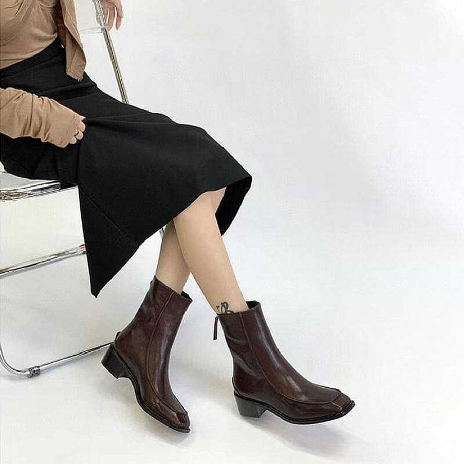 Dwarves Leather Chelsea Boots Retro Square Toe Ankle Boots Low Heel In / /