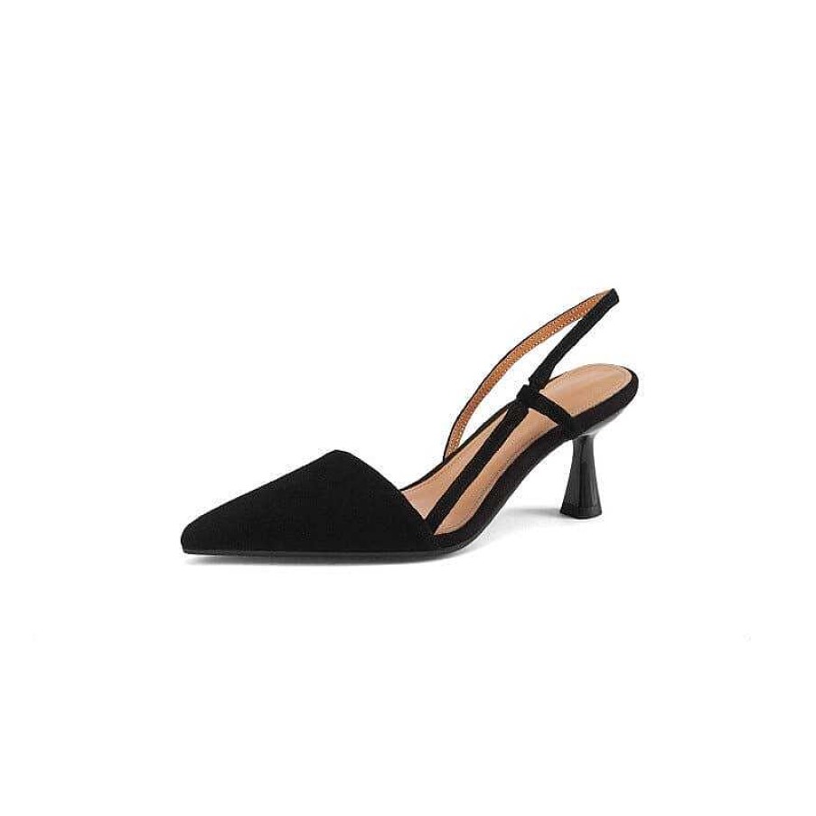 Dwarves Point Toe Sheepskin Slingback Stiletto Heels In Black - Kitten Heels Sandals