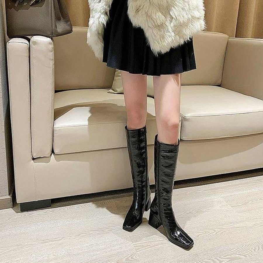 Dwarves High Heels Riding Boots For Women In Enamel Leather - Knee High Boots