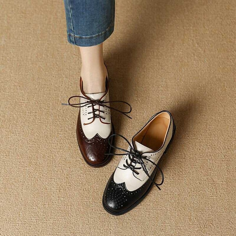 Dwarves Handmade Cow Leather Color Blocking Full Brogue Oxfords Shoes For Women In /