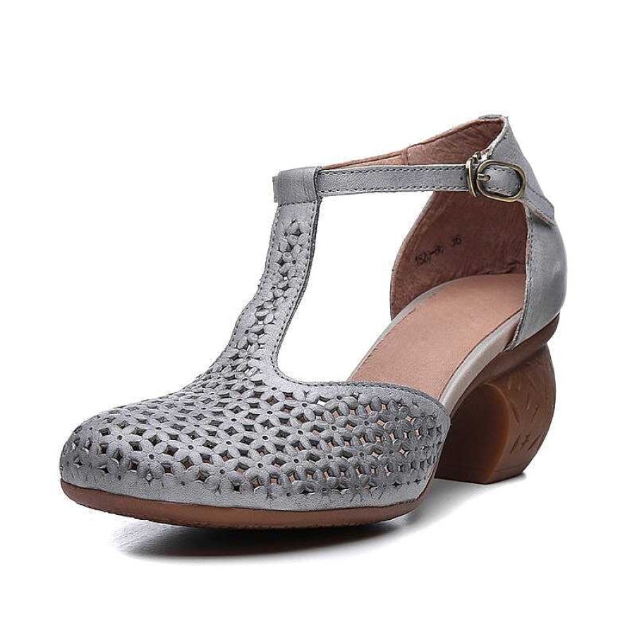 Dwarves Woven Leather T Strap Pumps For Women Original Design In Grey/