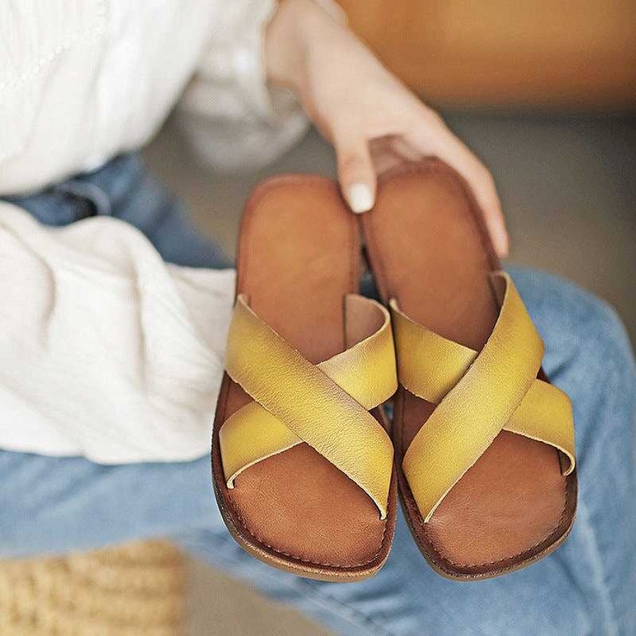 Dwarves Leather Cross Strap Slide Sandals For Women Flat Slippers In / /