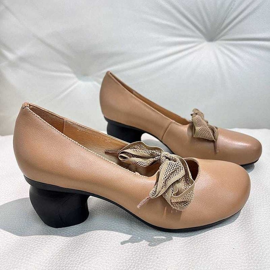 Dwarves Chunky Pumps Genuine Leather Comfy High Heel Mary Jane Knot Tied /