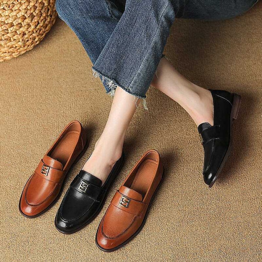 Dwarves Handmade Retro Waxing Leather Loafers For Women With Metal In / Us5 To Us10.5