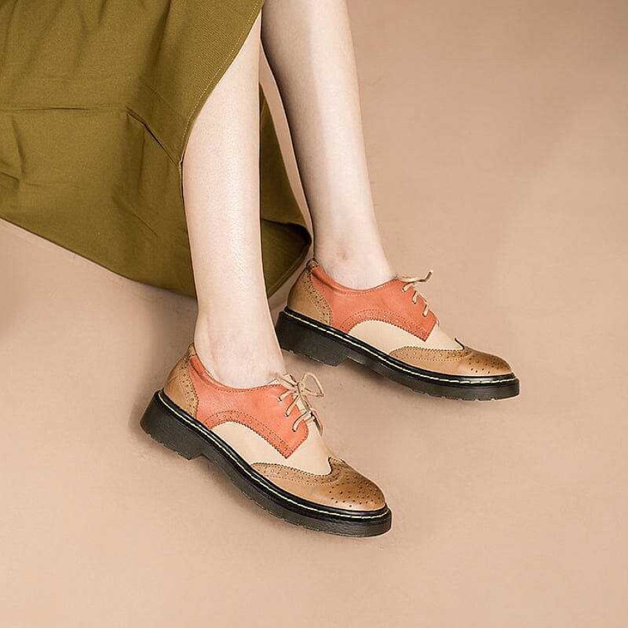 Dwarves Handmade Color Blocking Wingtip Brogues Leather Lace Up Oxfords For Women Martin Sole 10 Colors