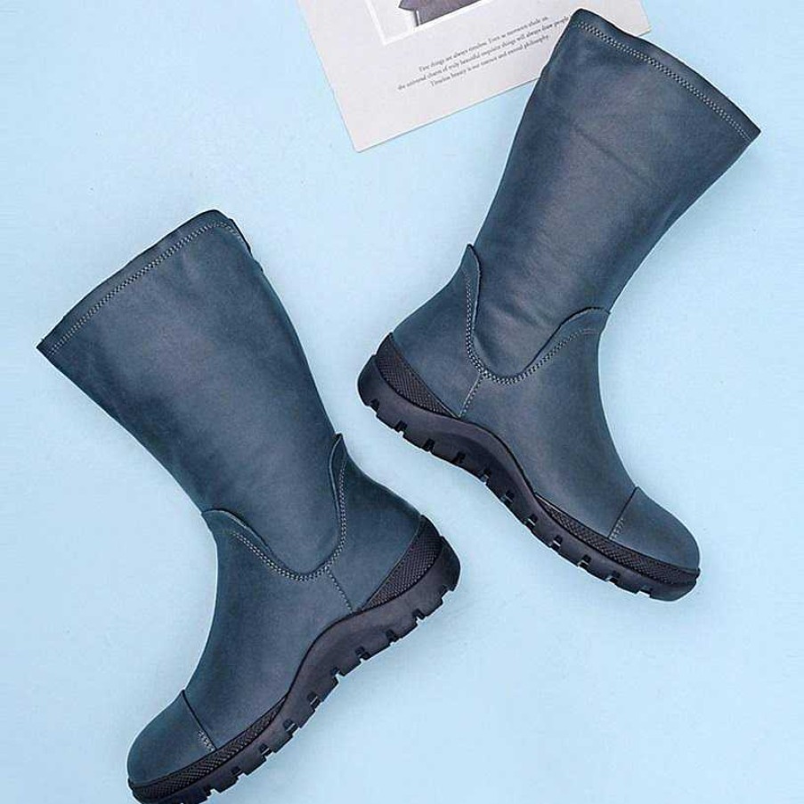 Dwarves Wide Fit Handmade Leather Side Zip Calf Length Boots For Cold Winter Designer Shoes Black/Blue