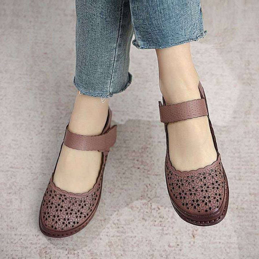 Dwarves Mary Jane Shoes Women Cut Out Leather Round Toe Low Heel Buckle Flat Loafers / /