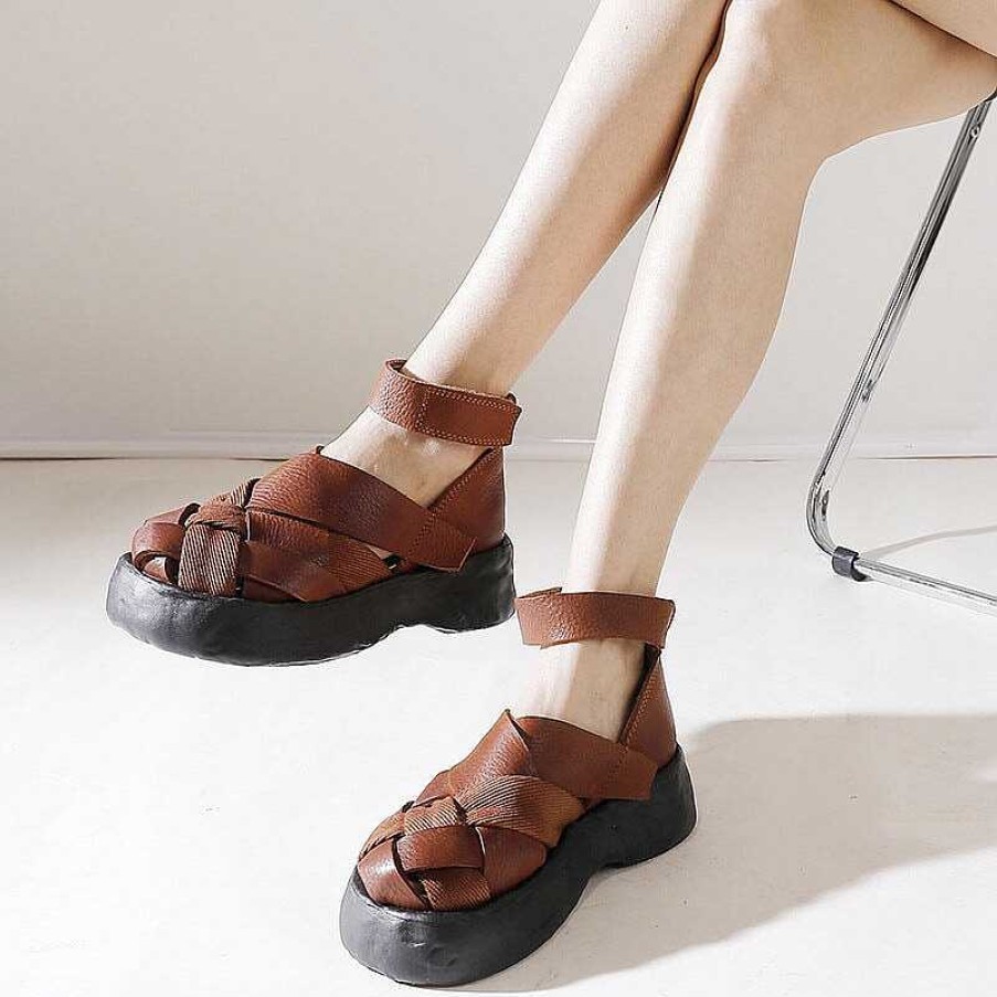 Dwarves Genuine Leather Platform Sandals Ankle Strap Gladiator Sandals In