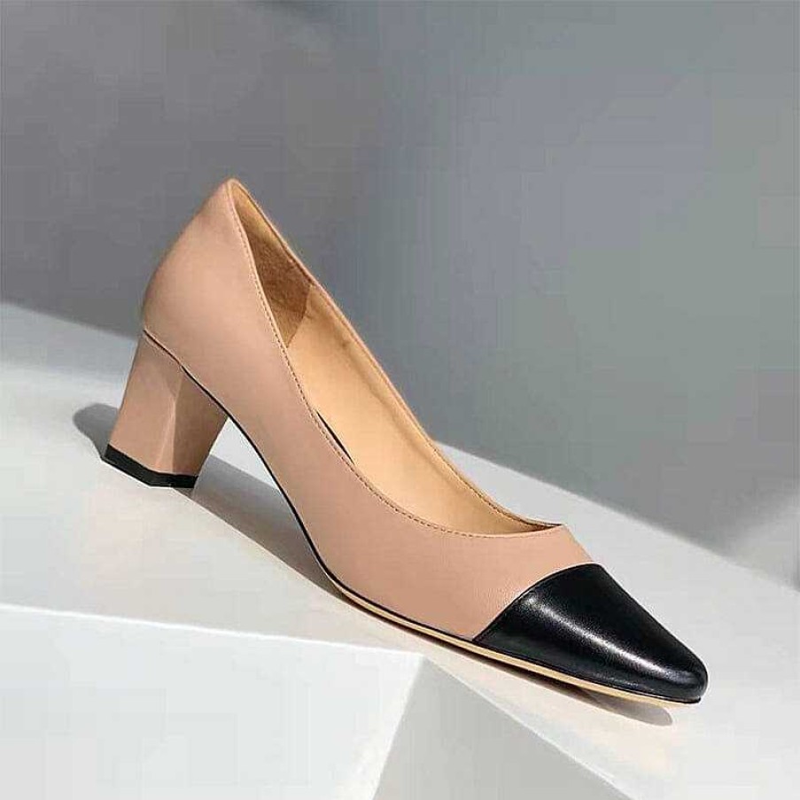 Dwarves Block Heeled Slip-On Pumps Leather Square Toe Office Shoes Color Blocking In