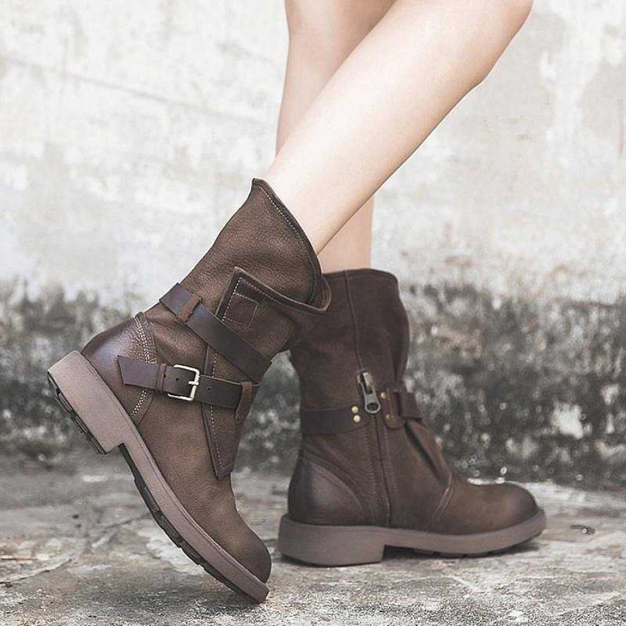 Dwarves Womens Retro Leather Mid Calf Boots For Winter Buckles Boots In / /