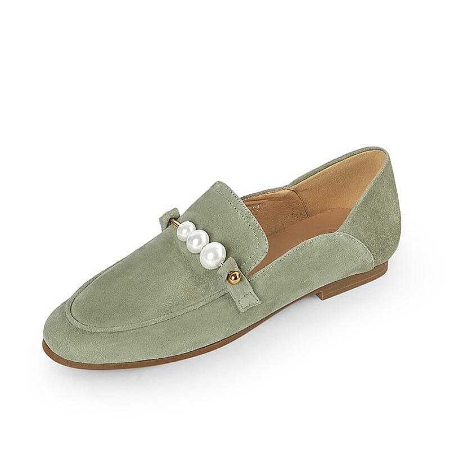 Dwarves Suede Leather Loafers For Women Pearls Details Round Toe In