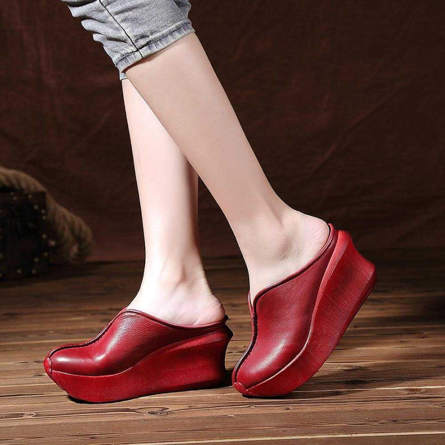 Dwarves Women Handmade Retro Leather Platforms Wedges Slippers Red/