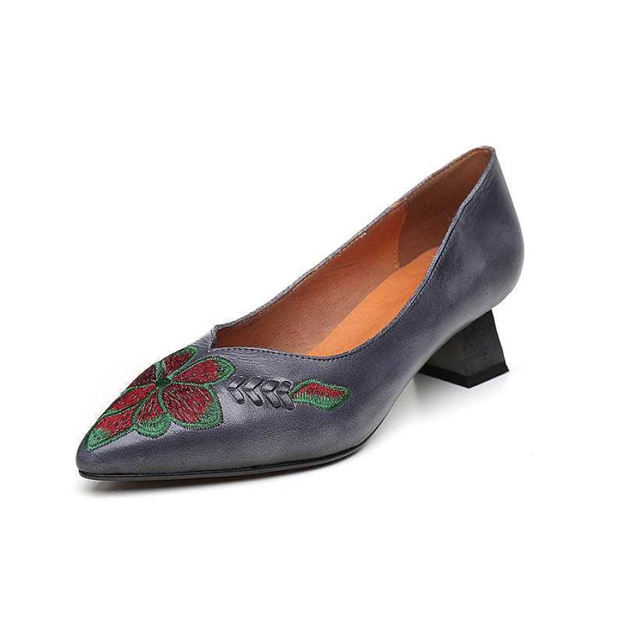 Dwarves Handmade Genuine Leather Embroidered Retro Pointed Toe Heels Red Pumps Women Shoes Block Heels Slip On Office Shoes /