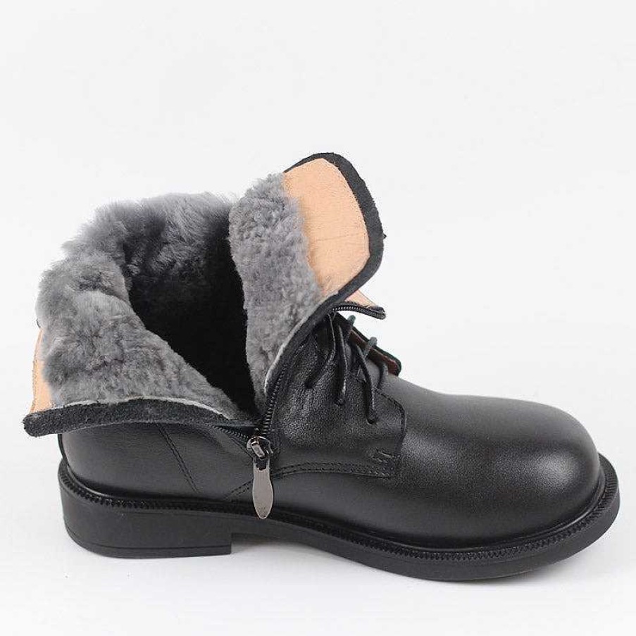 Dwarves Women Leather Ankle Boots Soft Bottom Flat Round Toe Big-Head Retro Martin Boots /