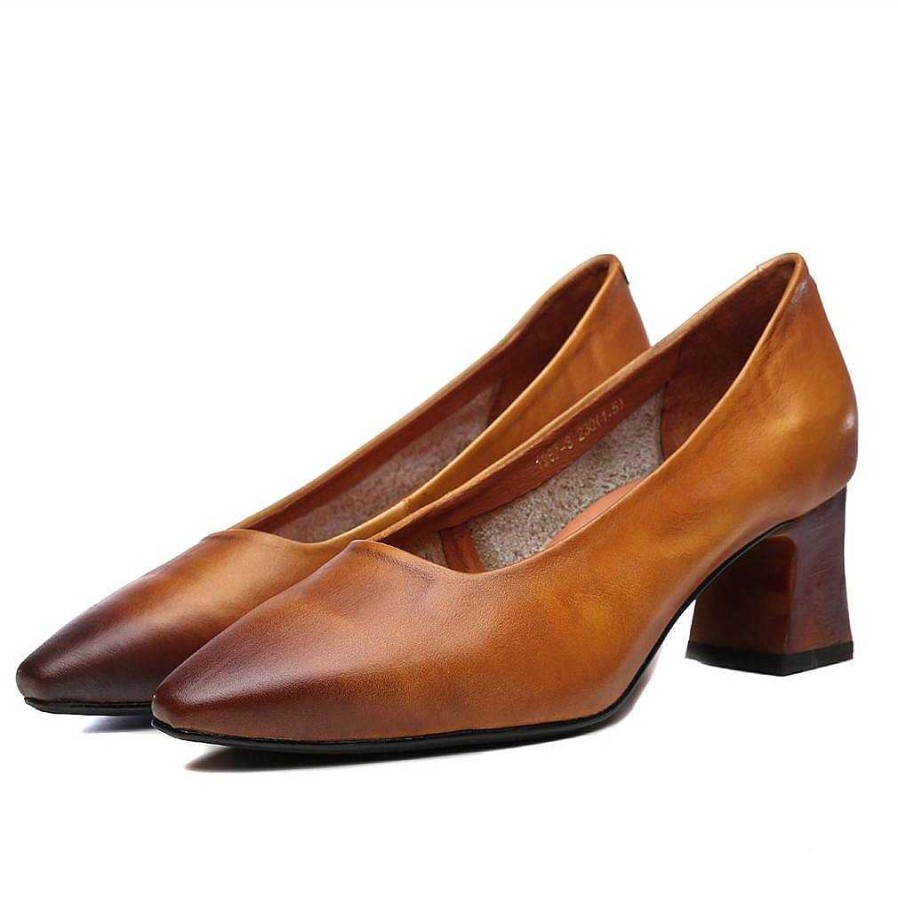 Dwarves Handmade Genuine Leather Retro Pointed Toe Heels Pumps Women Shoes Block Heels Slip On Office Shoes /