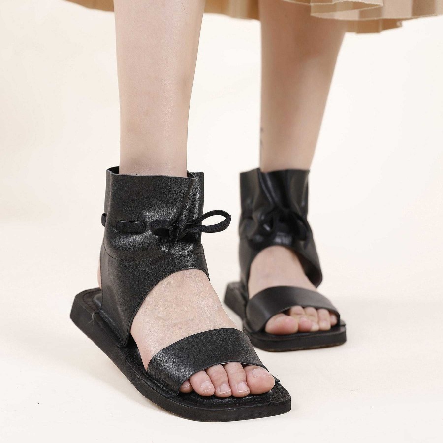 Dwarves Retro Handmade Leather Square Toe Sandals Wrap Ankle Slingback Summer Booties Casual Wide Feet Sandals