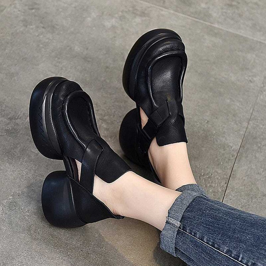 Dwarves Genuine Leather Platform Sandals Side Button Retro Block Heel In /