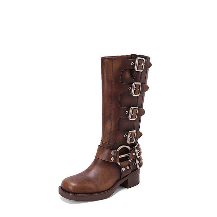 Dwarves All Leather Tall Boots For Women With Buckles Western Cowboy Boots Riding Boots Big Square Toe