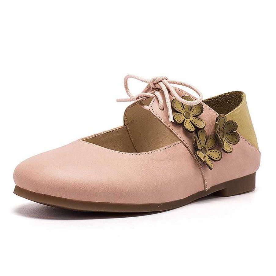 Dwarves Soft Leather Mary Jane Flats Handmade Flowers Details /