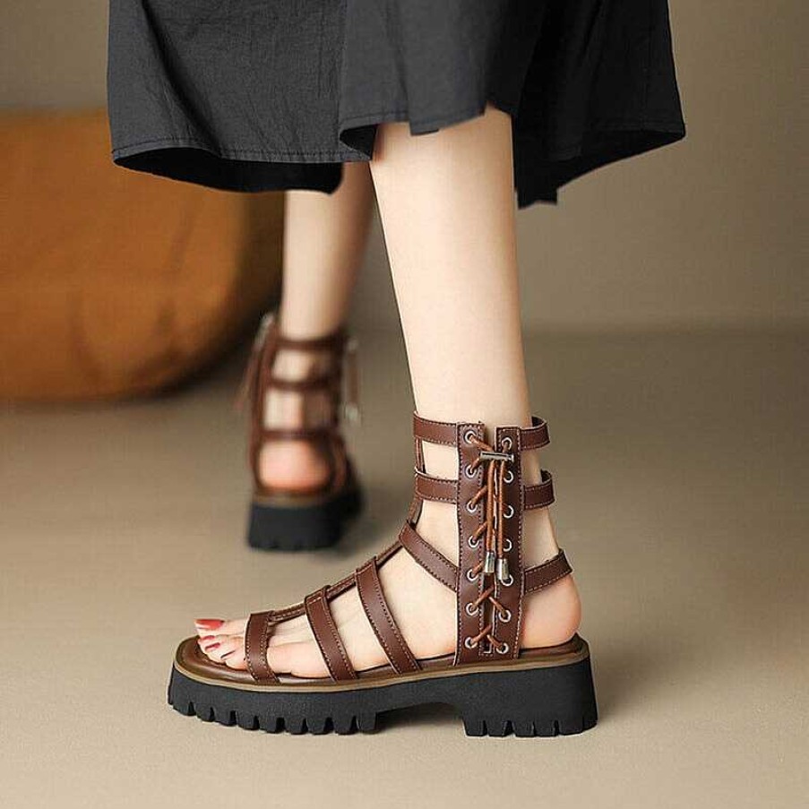 Dwarves Gladiator Sandals Women Cow Leather Platform Shoes Drawstring Side Zipper Closure Summer Ladies Shoes Handmade 07119