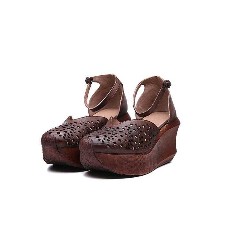 Dwarves Womens Handmade Retro Leather Cut Out Platforms Sandals In /