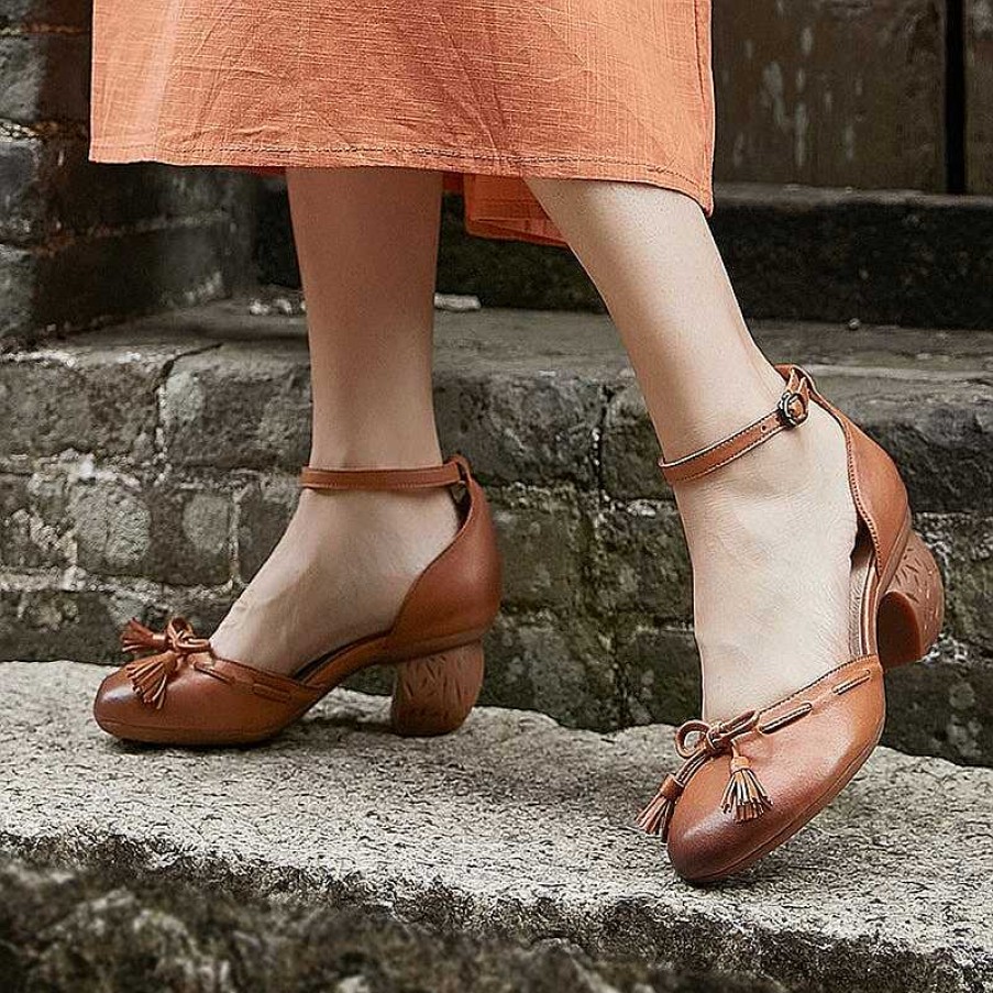 Dwarves Ankle Strappy Leather Pumps Retro Mary Jane Heels With Bowknot In / /