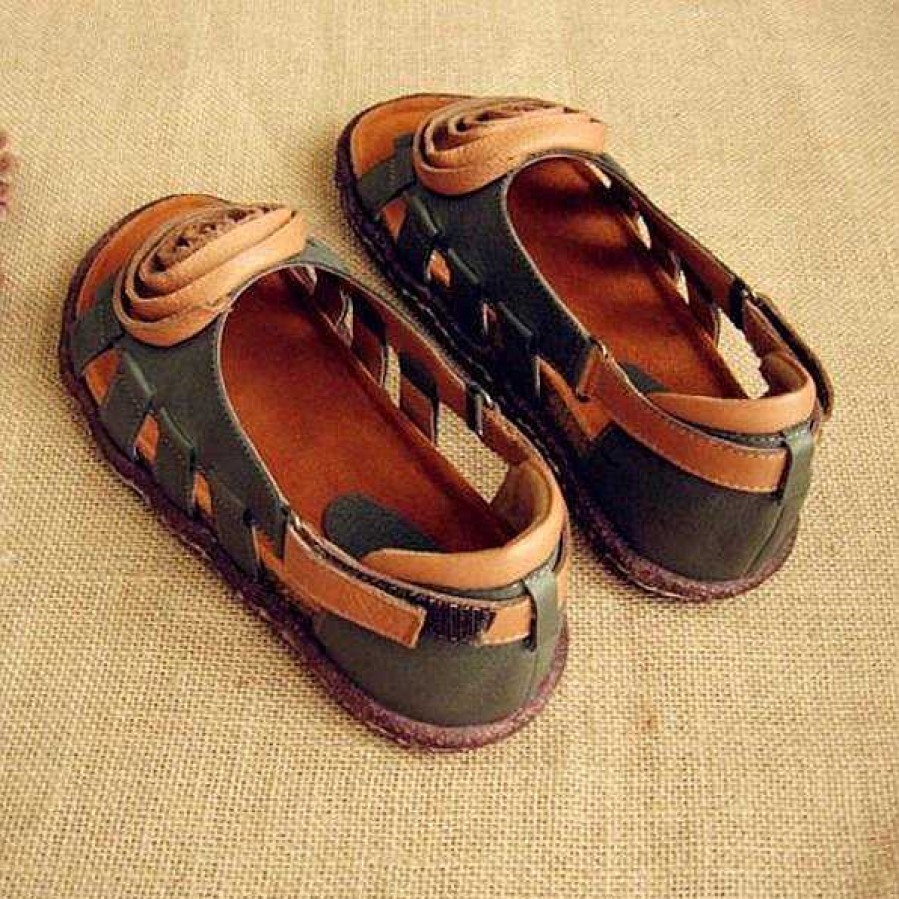 Dwarves Women'S Leather Hollow Sandals Flat With Handmade Flower