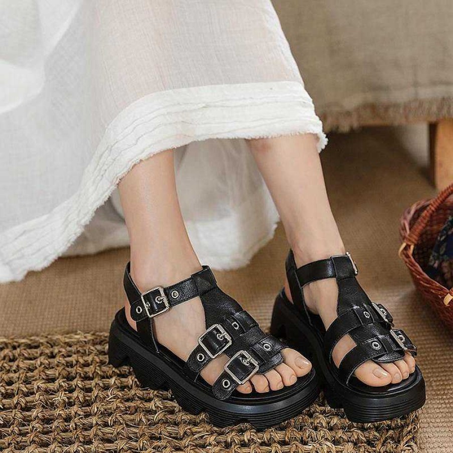 Dwarves Genuine Leather Comfy Platform Sandals For Lady Buckle Flatforms /