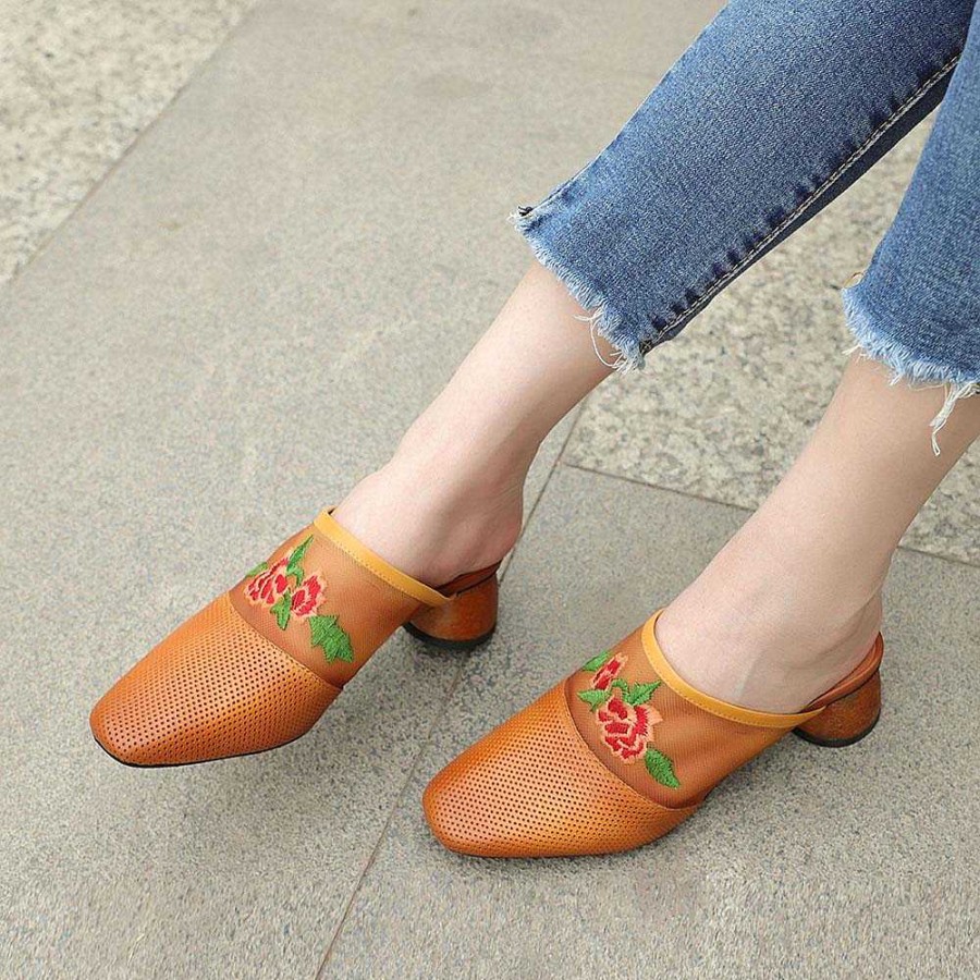 Dwarves Retro Leather Mules Summer Slippers Handmade Slide Sandals Embroidery /