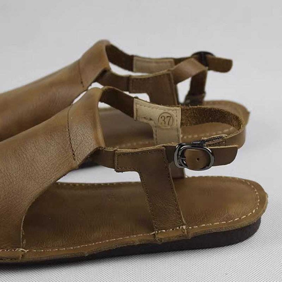 Dwarves Open Toe Flat Leather Sandals Side Buckle For Women In