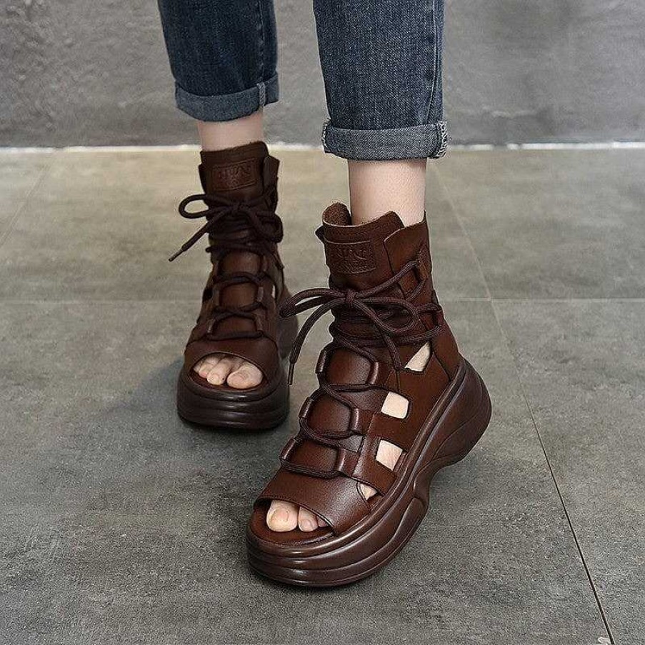 Dwarves Genuine Leather Chunky Sandals Lace Up Retro Peep Toe Gladiator Sandals In /