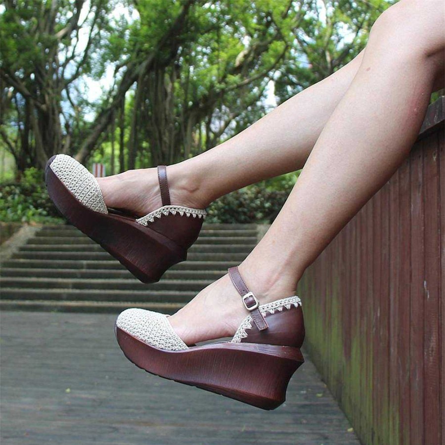 Dwarves Womens Handmade Retro Leather Knitting Platforms Leather Sandals White/