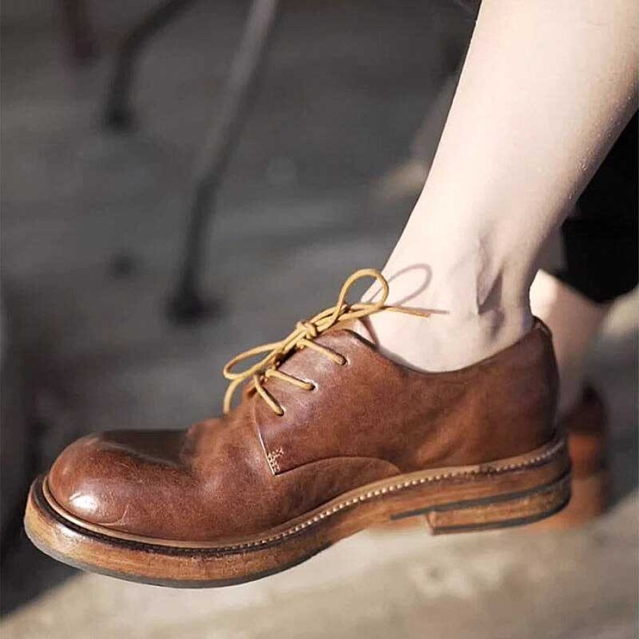 Dwarves Round Toe Derby Shoes For Women Goodyear Horse Leather Lace Up Oxfords In / /Green