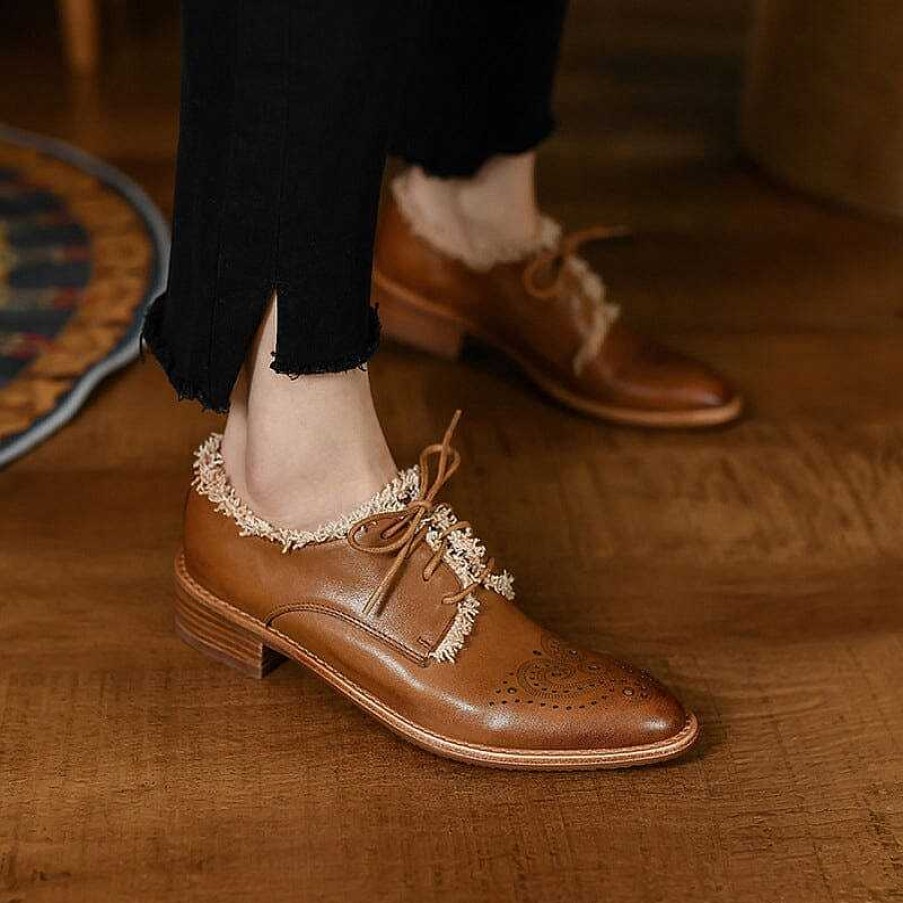 Dwarves Women Wingtip Shoes Handmade Leather Brogues Oxfords & Tie Low Heel Elegant /