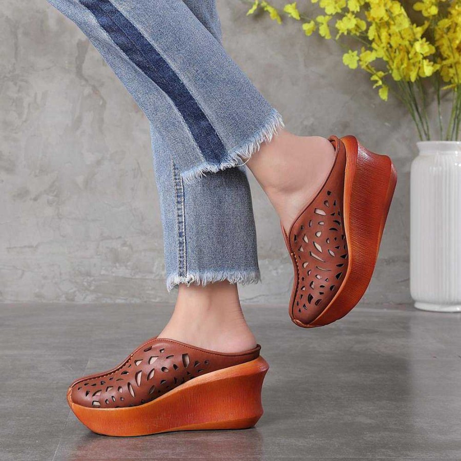 Dwarves Genuine Leather Platform Slippers Handmade Thick Heel Hollow Pattern Slip-Ons Caramel/