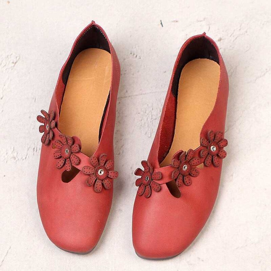 Dwarves Designer Shoes Genuine Leather Sweet Flowers Slip-On For Women Handmade Flats / / /