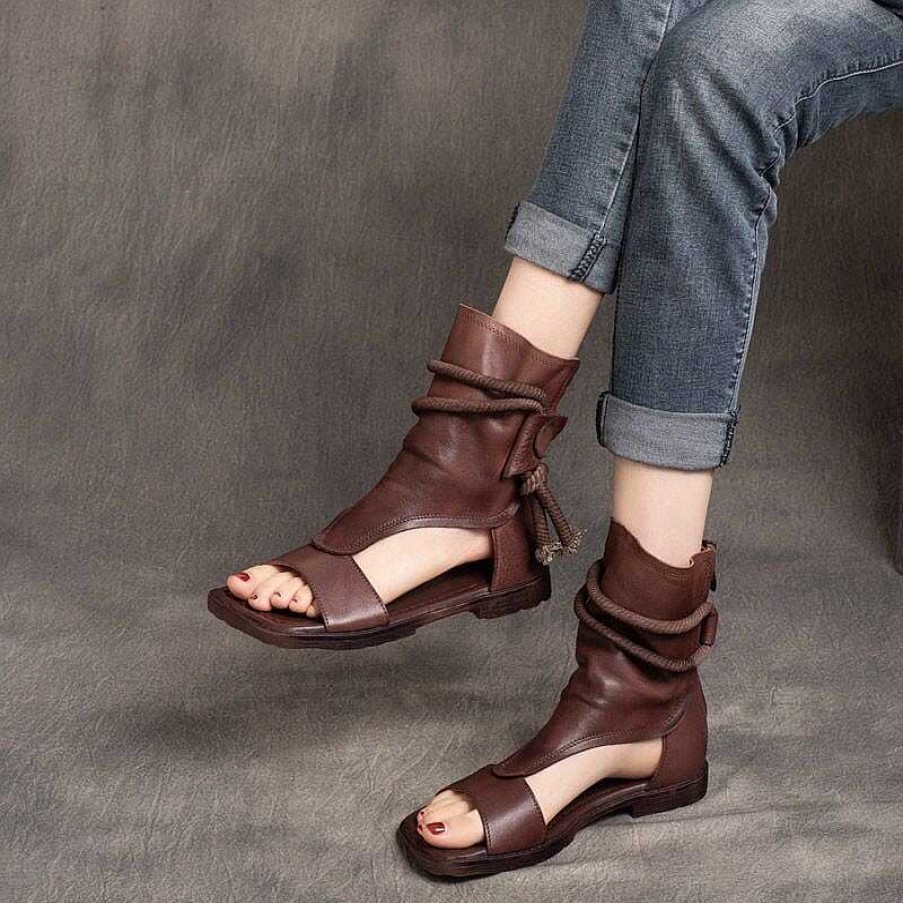 Dwarves Genuine Leather Strappy Sandals Boots For Women Peep Toe Back Zipper Flat Gladiator Sandals / /