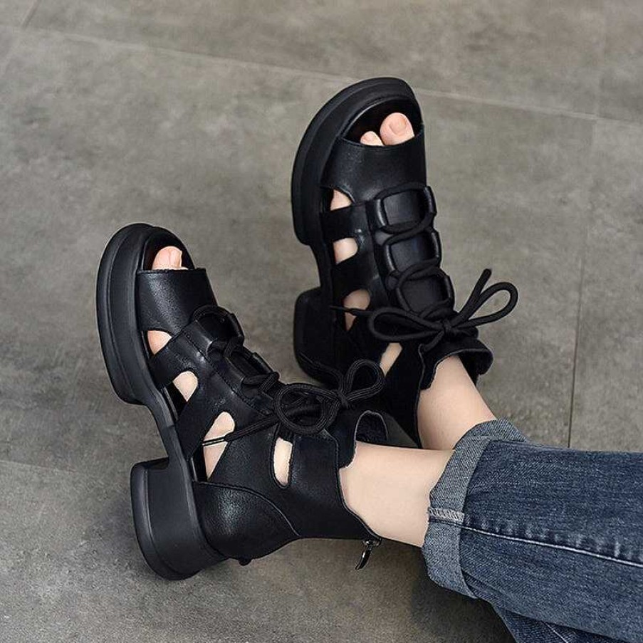 Dwarves Genuine Leather Platform Sandals Lace Up Retro Peep Toe Gladiator Sandals In /