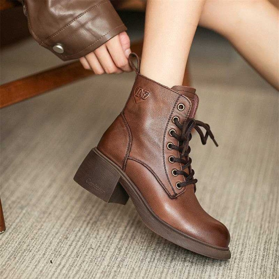 Dwarves Genuine Leather Ankle Shoes Women Boots Zip Round Toe Concise Retro Ladies Boots